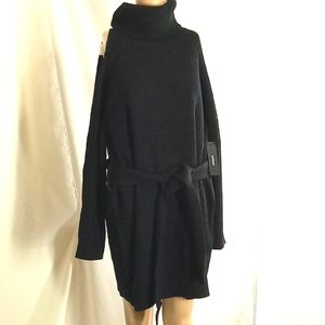 Lulu's Black Ribbed Turtleneck Sweater Dress with Waist Tie